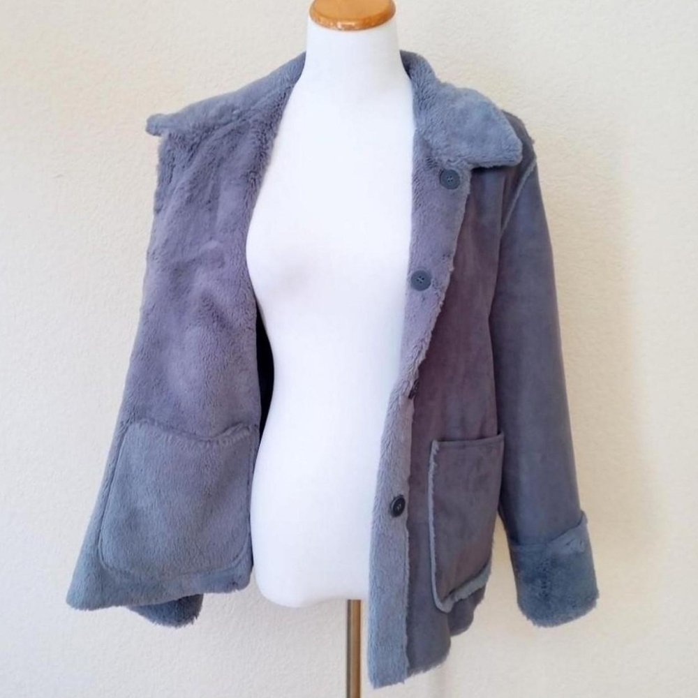 Brandon Thomas vintage Y2K blue gray/purple faux micro suede sherpa lined coat - Picture 4 of 8